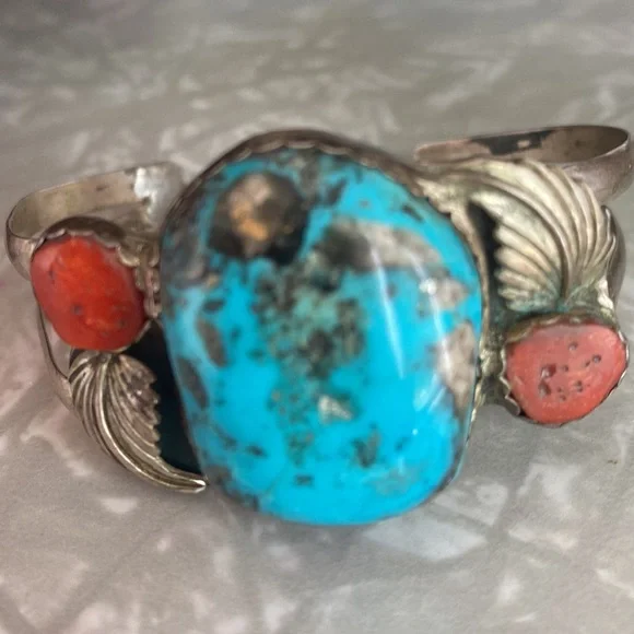 Vintage 1970’s Turquoise and Coral Sterling Native Cuff Bracelet